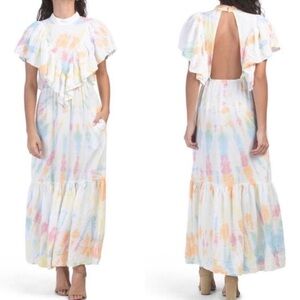 Young Fabulous & Broke Women S Tie Dye Ruffle Open Back Cruz Maxi Dress NWT
